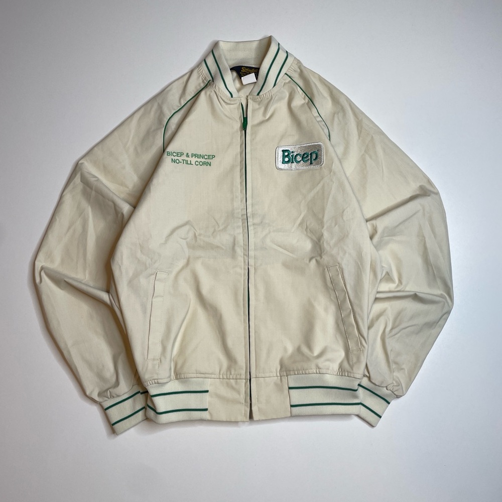 Vintage 80s Swingster Bomber Jacket Green White Embroidered Patches Cotton Large